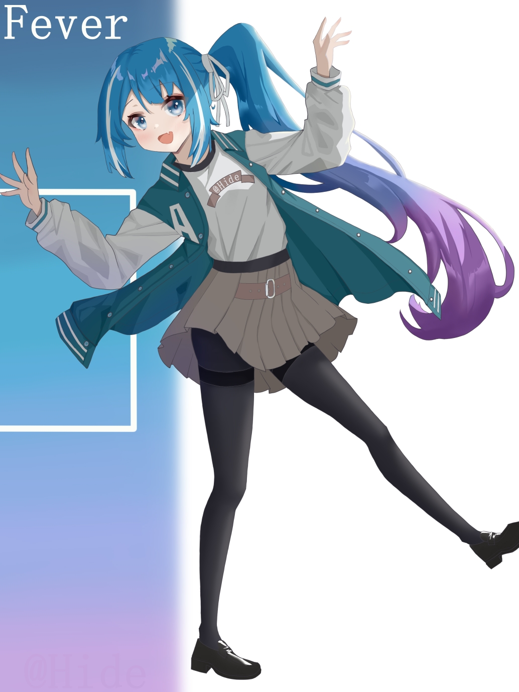 hide21find57, original, commentary request, highres, 1girl, :d, black pantyhose, black shoes, blue hair, blue jacket, fang, gradient hair, grey skirt, hair ribbon, hands up, jacket, letterman jacket, long sleeves, looking at viewer, multicolored hair, open clothes, open jacket, open mouth, pantyhose, pink hair, pleated skirt, puffy long sleeves, puffy sleeves, ribbon, shirt, shoes, side ponytail, skirt, smile, solo, standing, standing on one leg, streaked hair, thighband pantyhose, white hair, white ribbon, white shirt