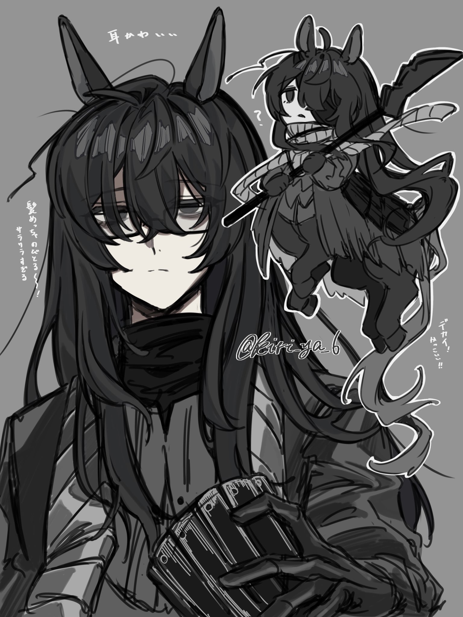 yi sang (project moon), limbus company, project moon, highres, 1boy, animal ears, bandage over one eye, black eyes, black hair, black scarf, centaur, chibi, closed mouth, full body, glasses, grey background, grey hanfu, hat, heishou pack-wu branch (identity) (project moon), holding, holding polearm, holding weapon, horse ears, kiri ya 6, long hair, looking at viewer, male focus, multiple views, polearm, rice hat, scarf, simple background, solo, standing, taur, upper body, weapon