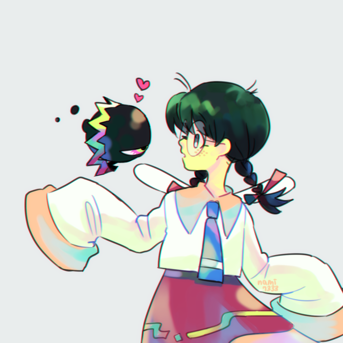 nanaban, dark matter (kirby), ripple star queen, kirby (series), kirby 64, nintendo, 1girl, artist name, black hair, braid, crown, fairy, fairy wings, freckles, glasses, grey background, heart, long hair, low twin braids, one-eyed, simple background, skirt, sleeves past fingers, sleeves past wrists, twin braids, wings