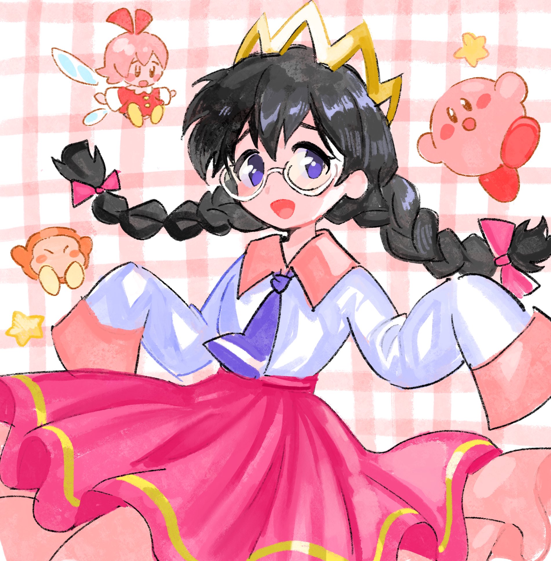 kokabu, kirby, ribbon (kirby), ripple star queen, waddle dee, kirby (series), kirby 64, nintendo, highres, 2girls, bow, colored skin, crown, fairy, fairy wings, glasses, hair bow, multiple girls, pink bow, pink hair, pink skin, pink skirt, purple eyes, skirt, sleeves past fingers, sleeves past wrists, smile, star (symbol), wings