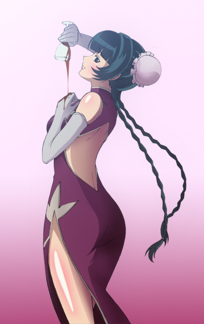 hayakawa harui, wang liu mei, gundam, gundam 00, 00s, 1girl, ass, backless outfit, bun cover, elbow gloves, female focus, gloves, pouring, solo