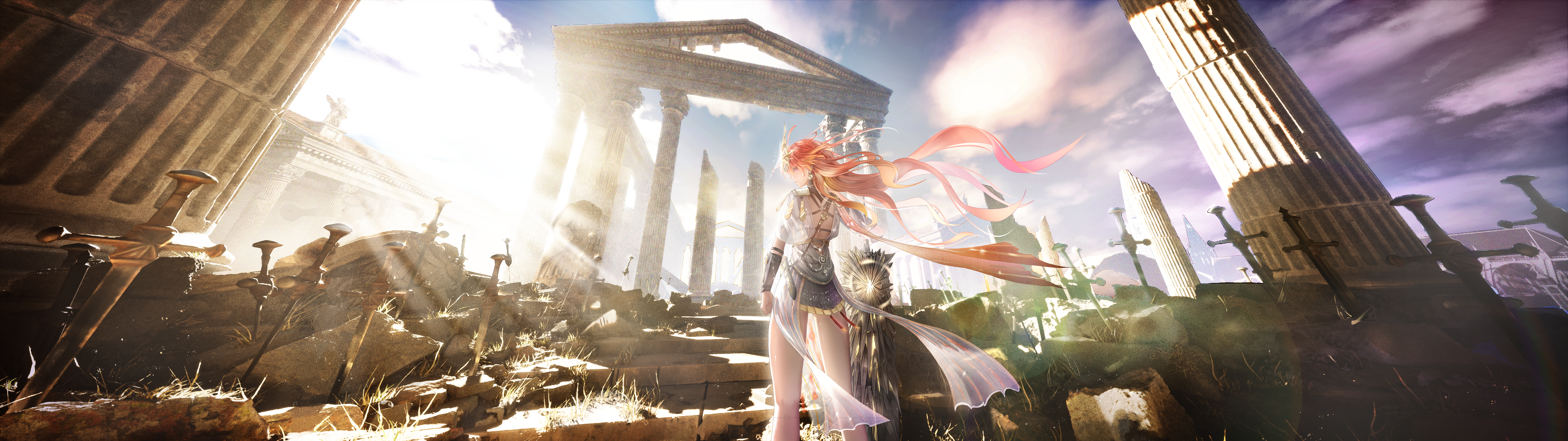 huochai xie msc, augusta (wuthering waves), wuthering waves, absurdres, commentary, highres, 1girl, ancient greek clothes, arm armor, armor, breastplate, dress, earrings, greatsword, greco-roman clothes, headgear, holding, holding sword, holding weapon, jewelry, long hair, orange hair, planted, planted sword, planted weapon, solo, standing, sun, sun earrings, sword, weapon, white dress, wide shot