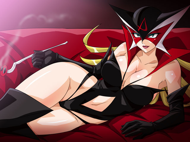 kagami hirotaka, doronjo, tatsunoko production, time bokan (series), yatterman, 1girl, aqua eyes, arm support, armpits, black thighhighs, blonde hair, boots, breasts, bustier, cleavage, couch, curvy, elbow gloves, eyeshadow, female focus, gloves, highleg, highleg leotard, hip focus, holding, holding smoking pipe, huge breasts, kiseru, large breasts, leotard, lingerie, lipstick, long hair, lying, makeup, mask, no bra, no panties, on side, smile, smoking, smoking pipe, solo, thigh boots, thighhighs, thighs, underwear, wide hips