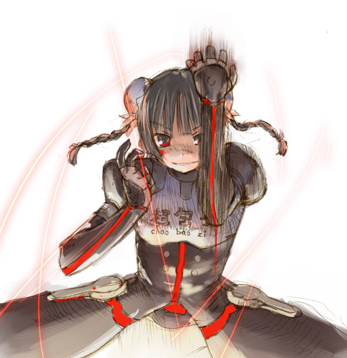 kasuga yukihito, chao lingshen, mahou sensei negima!, 00s, 1girl, black hair, braid, bun cover, double bun, female focus, glowing, hair bun, laser, red eyes, solo, twin braids