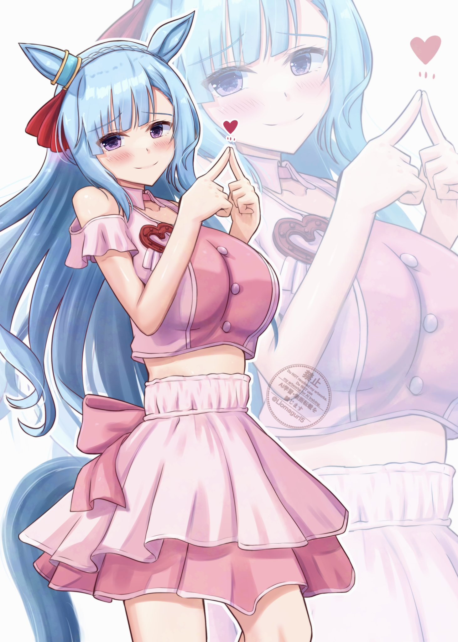 rio (lio yuzu), mejiro ardan (umamusume), umamusume, highres, 1girl, animal ears, bare shoulders, blue hair, blush, bow, braid, breasts, closed mouth, crop top, cropped shirt, crown braid, ear ornament, ear ribbon, heart, horse ears, horse girl, horse tail, large breasts, long hair, looking at viewer, midriff, pink shirt, pink skirt, purple eyes, shirt, skirt, smile, solo, tail