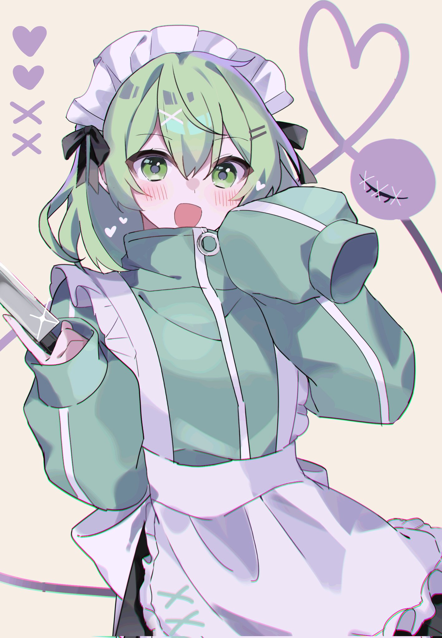 hidukihumi, komeiji koishi, touhou, commentary, highres, 1girl, alternate costume, apron, eyeball, green eyes, green hair, green jacket, heart, heart of string, holding, holding knife, jacket, jersey maid, knife, long sleeves, looking at viewer, maid, maid headdress, open mouth, simple background, sleeves past fingers, sleeves past wrists, solo, third eye, unconventional maid, waist apron, white apron, yellow background