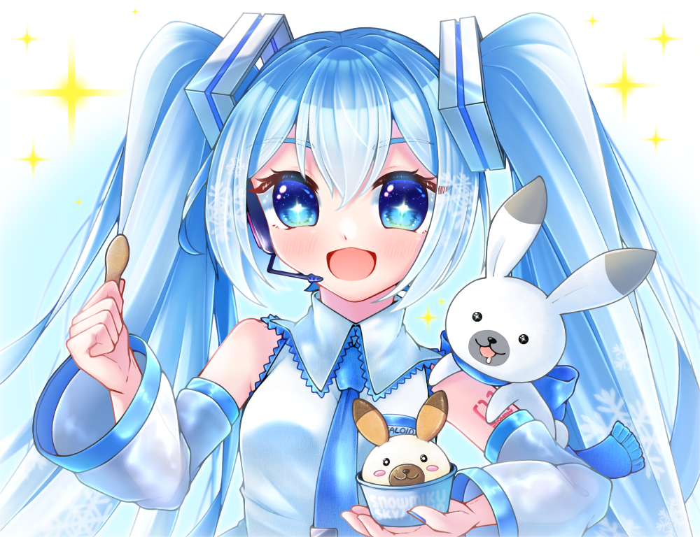 hatsune miku, rabbit yukine, yuki miku, yuki miku (2010), vocaloid, 1girl, 1other, aqua hair, arm tattoo, blue eyes, blue necktie, collared shirt, detached sleeves, food, hair between eyes, hair ornament, headset, holding, holding spoon, ice cream, long hair, long sleeves, looking at viewer, necktie, number tattoo, official alternate costume, open mouth, rabbit, shirt, sleeveless, sleeveless shirt, smile, spoon, tale ship, tattoo, twintails, upper body, very long hair, white shirt