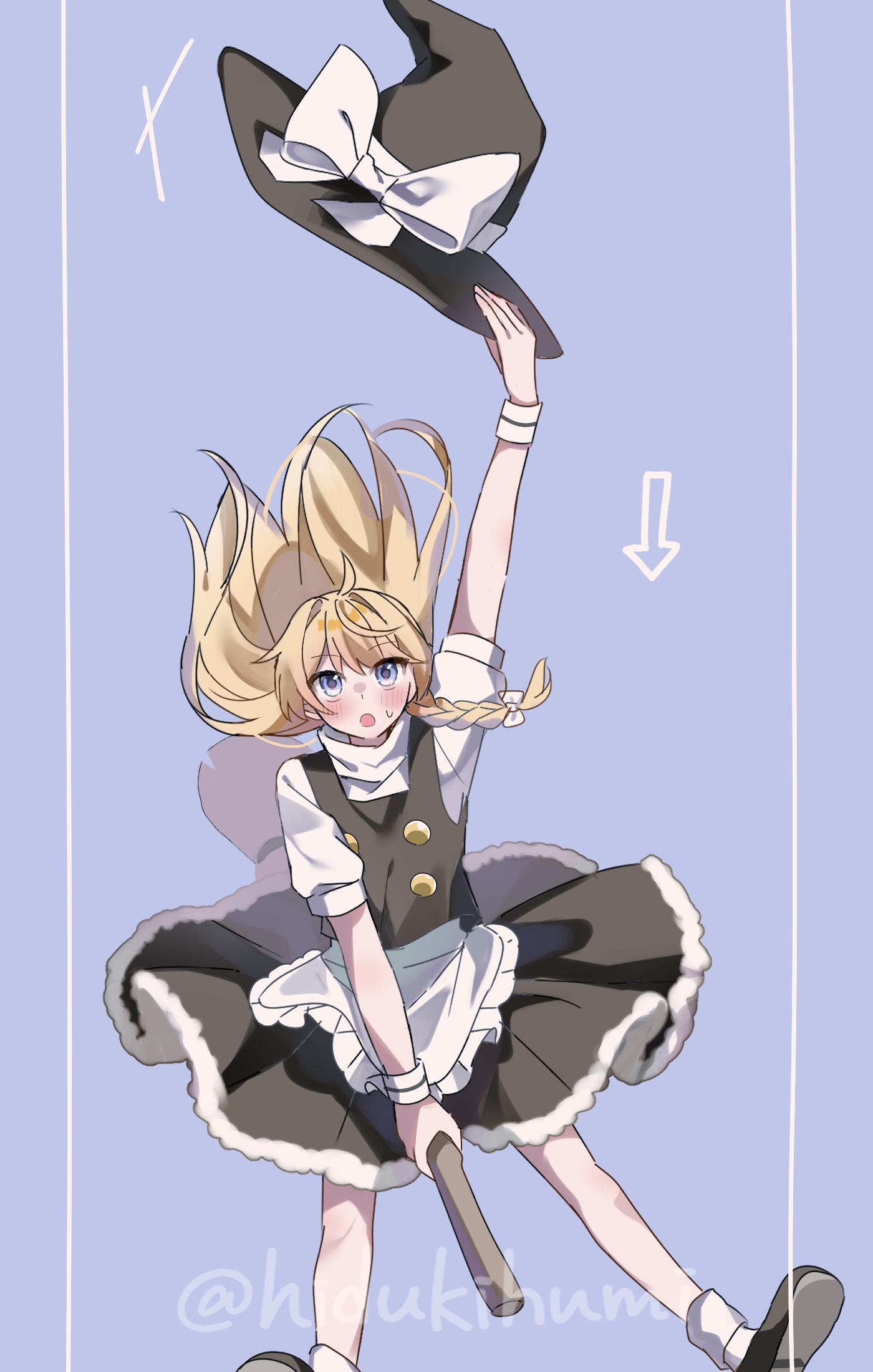 hidukihumi, kirisame marisa, touhou, commentary, highres, 1girl, apron, arrow (symbol), black shoes, black skirt, black vest, blonde hair, blue eyes, blush, bow, braid, broom, broom riding, frilled skirt, frills, hair bow, hat, hat bow, holding, holding unworn clothes, holding unworn hat, long hair, open mouth, puffy short sleeves, puffy sleeves, purple background, shoes, short sleeves, side braid, simple background, single braid, skirt, socks, solo, sweatdrop, twitter username, unworn hat, unworn headwear, vest, waist apron, white apron, white bow, white socks, witch hat