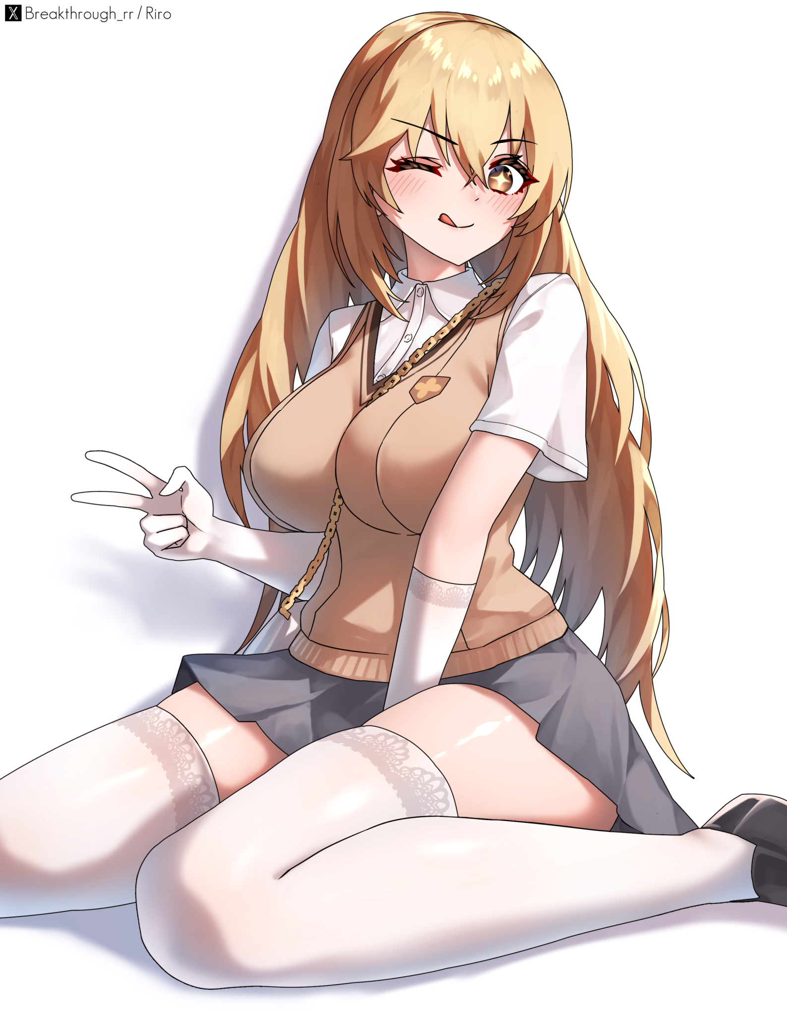 riro (breakthrough rr), shokuhou misaki, toaru kagaku no mental out, toaru kagaku no railgun, toaru majutsu no index, commentary, highres, 1girl, ;q, alternate print, bag, blonde hair, breasts, bright pupils, brown eyes, brown sweater vest, chain, chain between breasts, collared shirt, elbow gloves, gloves, grey skirt, handbag, large breasts, loafers, long hair, looking at viewer, miniskirt, one eye closed, pleated skirt, school emblem, school uniform, shirt, shoes, short sleeves, simple background, sitting, skirt, smile, solo, star-shaped pupils, star (symbol), summer uniform, sweater vest, symbol-shaped pupils, thick thighs, thighhighs, thighs, tokiwadai school uniform, tongue, tongue out, v, v-neck, wariza, white gloves, white shirt, white thighhighs, yellow pupils, zettai ryouiki