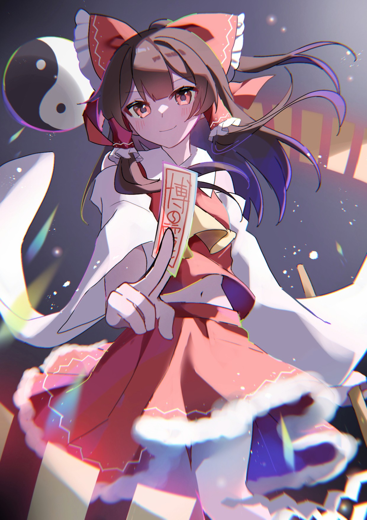hidukihumi, hakurei reimu, touhou, alt text, commentary request, highres, 1girl, ascot, between fingers, bow, brown hair, closed mouth, detached sleeves, frilled bow, frilled hair tubes, frills, gohei, hair bow, hair tubes, holding, holding gohei, long hair, looking at viewer, midriff peek, navel, ofuda, ofuda between fingers, orb, red bow, red eyes, red skirt, skirt, skirt set, smile, solo, yellow ascot, yin yang, yin yang orb
