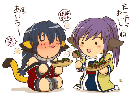 kurotani kyoukutsu, karulau, touka (utawarerumono), utawarerumono, lowres, translated, 00s, 2girls, animal ears, blush, chibi, collar, food, head wings, long hair, multiple girls, ponytail, purple hair, smile, takoyaki, wings