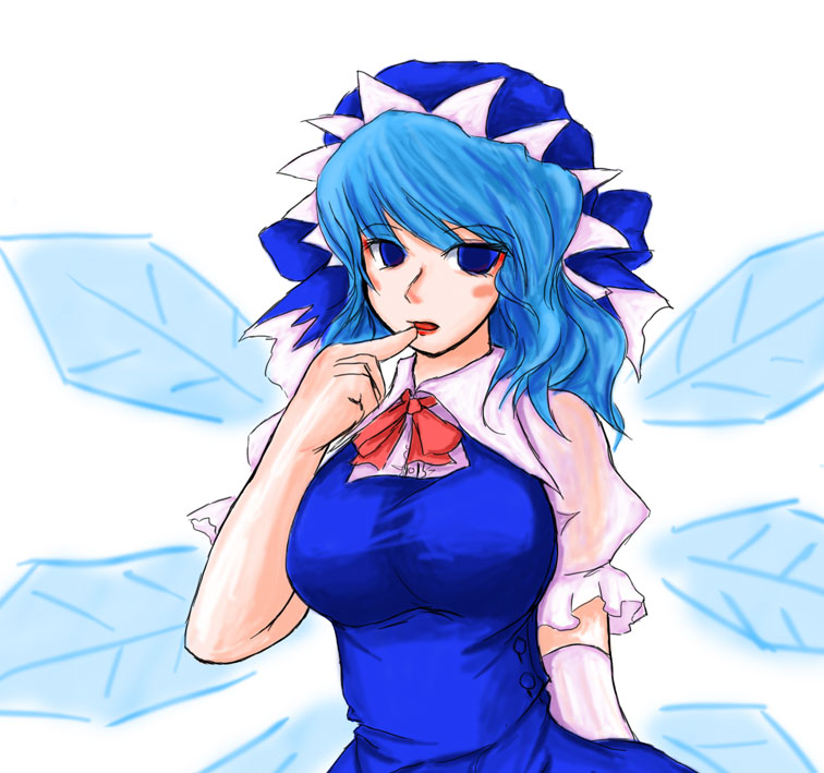 cirno, touhou, 1girl, aged up, blouse, collared shirt, female focus, grownup, shirt, solo, white background, white shirt