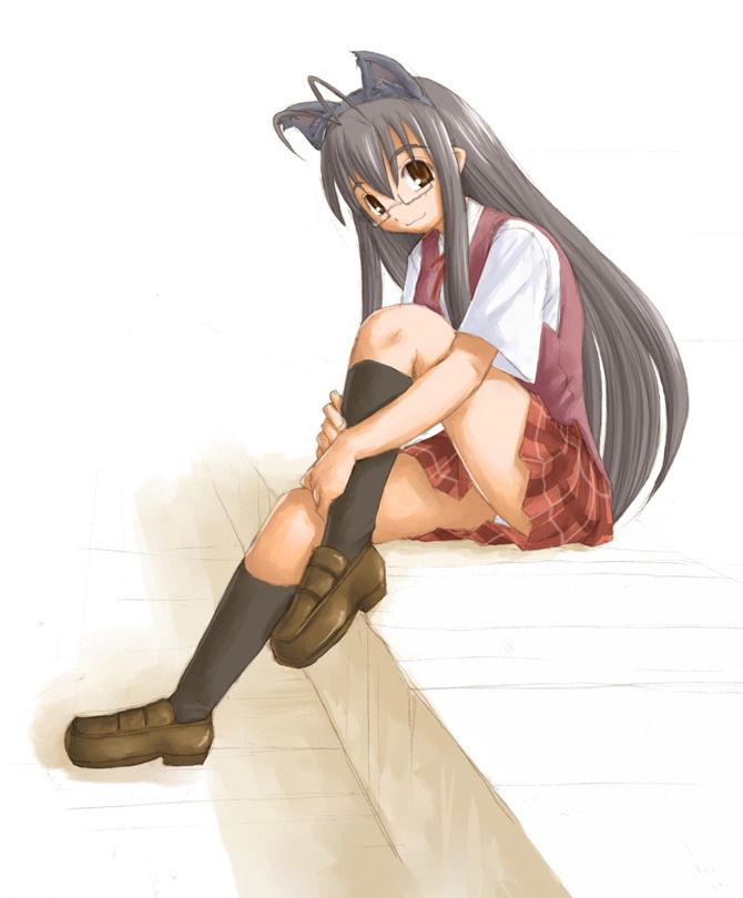 kasuga yukihito, saotome haruna, mahou sensei negima!, 00s, animal ears, glasses, panties, pantyshot, plaid clothes, plaid skirt, school uniform, serafuku, skirt, solo, underwear