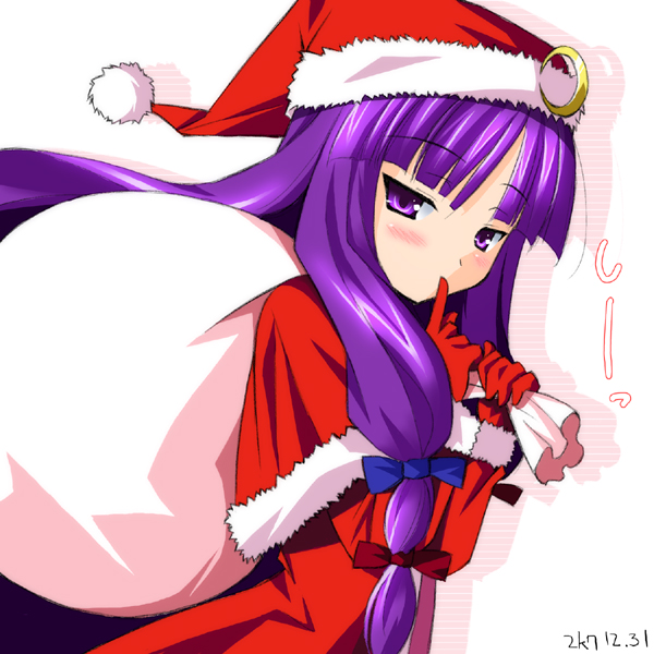 mizuno kurage, patchouli knowledge, touhou, 1girl, blush, bow, christmas, female focus, finger to mouth, gloves, hair bow, hat, jitome, long hair, looking at viewer, purple eyes, purple hair, red gloves, sack, santa costume, santa hat, shushing, solo