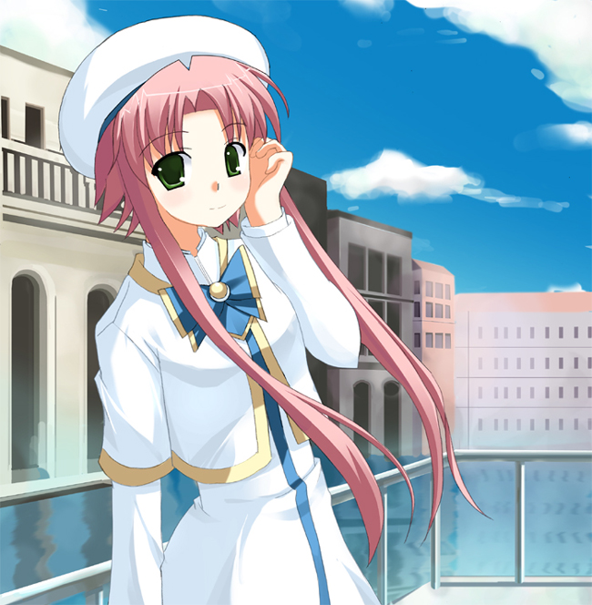 odaya, odayan, mizunashi akari, aria (manga), 00s, 1girl, beret, blue sky, brooch, canal, cloud, day, dress, female focus, gem, green eyes, hat, high collar, jewelry, long hair, long sleeves, looking at viewer, outdoors, parted bangs, pink hair, short hair with long locks, sidelocks, sky, solo, upper body, venice, very long hair, water, white dress