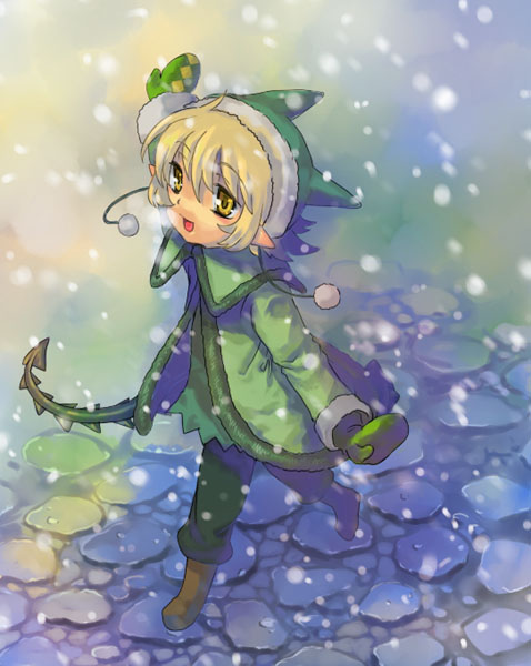 oira, oira (kagaribi), coral (summon night), summon night, summon night 4, eyebrows, 1girl, :d, black gloves, blonde hair, coat, female focus, gloves, long sleeves, looking at viewer, looking back, motion blur, open mouth, short hair, smile, snow, snowing, solo, standing, stone floor, winter clothes, winter coat, yellow eyes