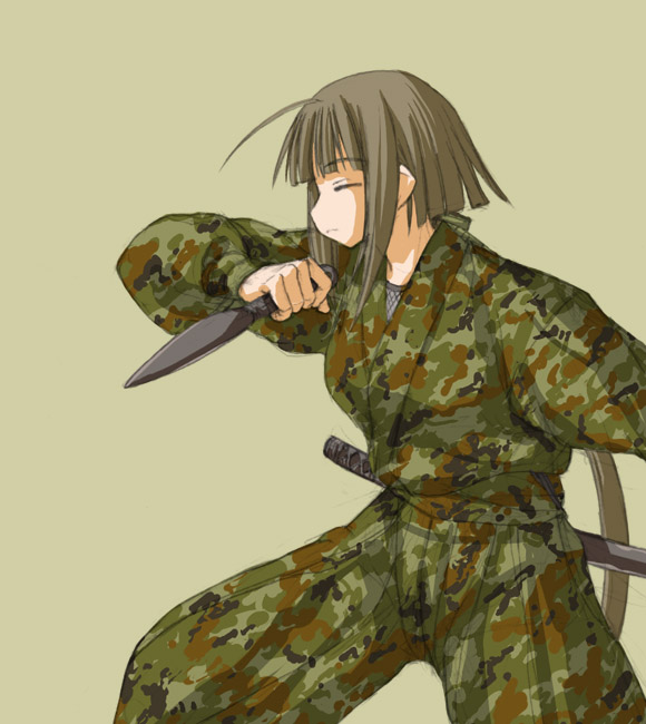 kasuga yukihito, nagase kaede, mahou sensei negima!, 00s, 1girl, ahoge, camouflage, female focus, knife, long hair, ninja, ponytail, short hair with long locks, shuriken, solo, weapon