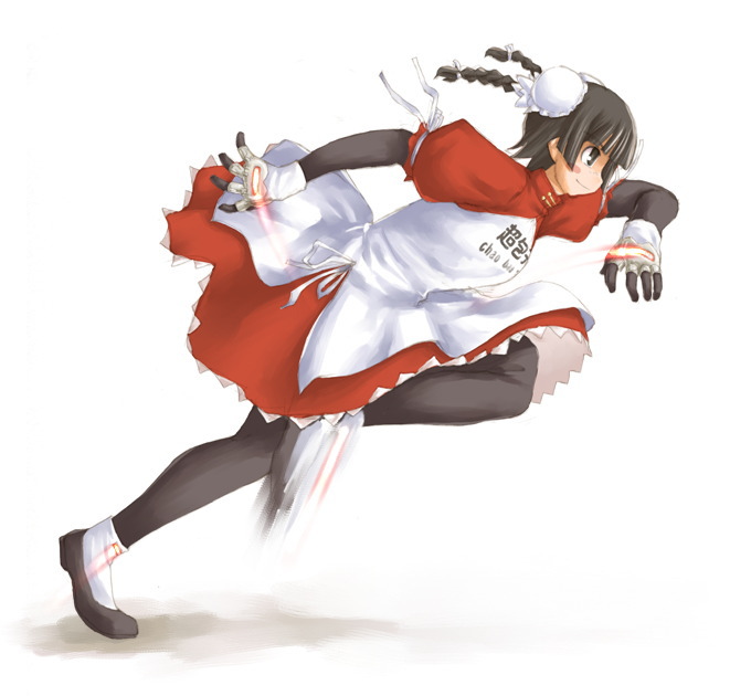 kasuga yukihito, chao lingshen, mahou sensei negima!, 00s, 1girl, black pantyhose, bun cover, double bun, female focus, hair bun, pantyhose, solo