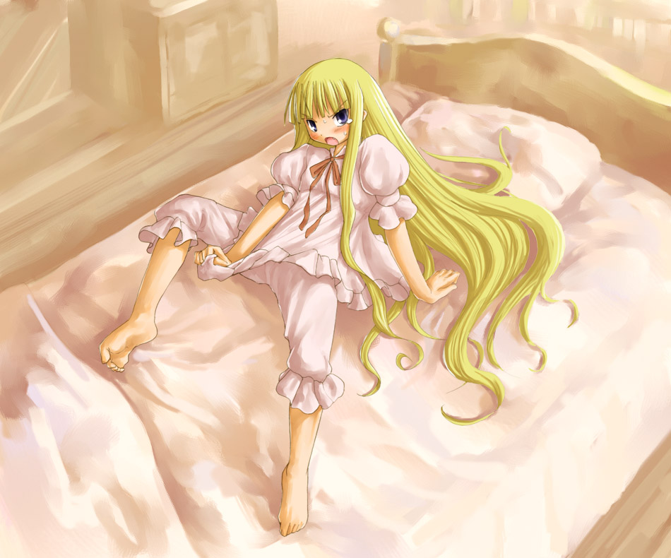 kasuga yukihito, evangeline a.k. mcdowell, mahou sensei negima!, 00s, 1girl, arm support, barefoot, bed, blonde hair, blue eyes, blush, fang, feet, female focus, flat chest, long hair, lying, on back, pajamas, shirt tug, solo, tears, vampire, very long hair