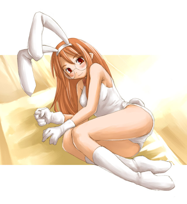 kasuga yukihito, hasegawa chisame, mahou sensei negima!, 00s, 1girl, animal ears, brown eyes, brown hair, fake animal ears, female focus, glasses, gloves, leotard, long hair, playboy bunny, rabbit ears, rabbit tail, round eyewear, socks, solo, tail, white gloves