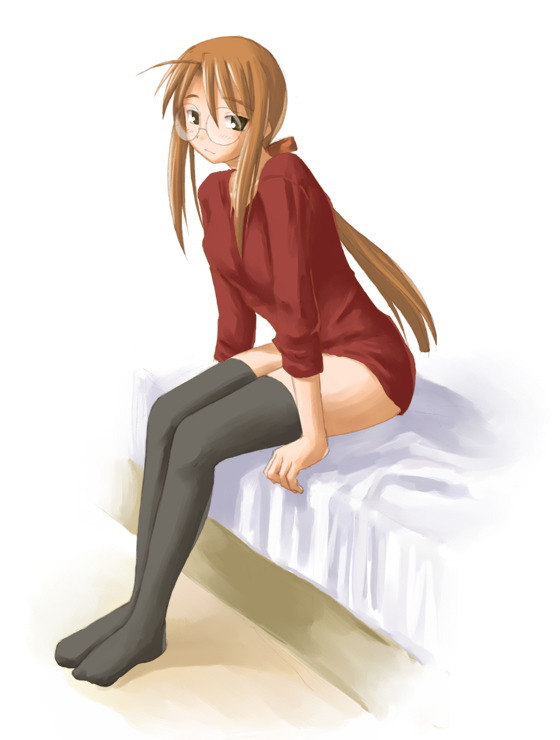 kasuga yukihito, hasegawa chisame, mahou sensei negima!, 00s, 1girl, bed, black thighhighs, blush, bottomless, brown hair, female focus, glasses, hair ribbon, long hair, on bed, orange hair, ponytail, ribbon, round eyewear, sidelocks, sitting, solo, thighhighs
