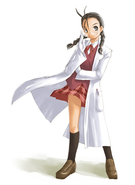kasuga yukihito, hakase satomi, mahou sensei negima!, 00s, 1girl, adjusting eyewear, ahoge, antenna hair, black eyes, black hair, bow, braid, brown eyes, brown hair, brown shoes, brown socks, female focus, full body, glasses, kneehighs, lab coat, legs apart, school uniform, shoes, skirt, socks, solo, standing, twin braids