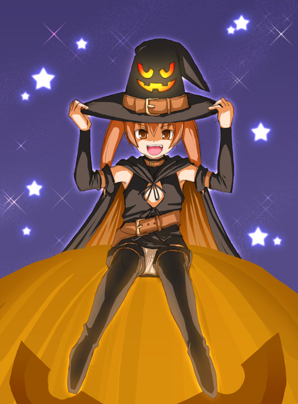 kasuga yukihito, narutaki fuuka, mahou sensei negima!, 00s, flat chest, halloween, hat, panties, solo, thighhighs, underwear, upskirt, witch hat