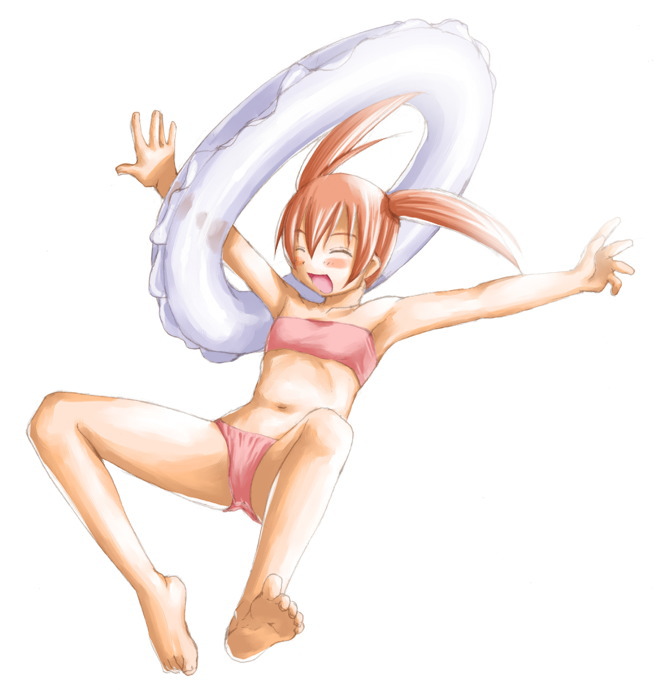 kasuga yukihito, narutaki fuuka, mahou sensei negima!, 00s, 1girl, barefoot, bikini, closed eyes, feet, female focus, flat chest, innertube, pink bikini, solo, swim ring, swimsuit, twintails