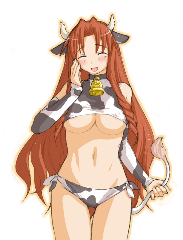 kasuga yukihito, naba chizuru, mahou sensei negima!, 00s, 1girl, animal ears, animal print, areola slip, bell, blush, breasts, closed eyes, cow ears, cow girl, cow print, cow tail, cowbell, elbow gloves, female focus, gloves, horns, large breasts, long hair, panties, side-tie panties, solo, tail, underboob, underwear