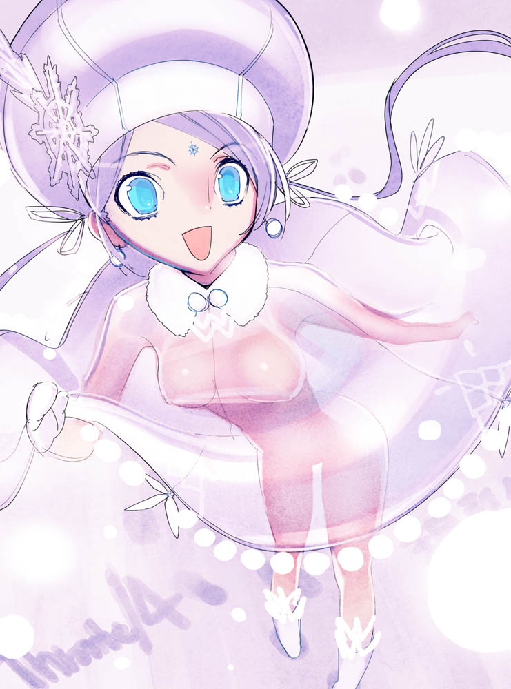 sanbasou, silver hair, 1girl, :d, blue eyes, boots, breasts, dress, earrings, facial mark, female focus, forehead mark, fur trim, hair ribbon, hat, jewelry, long hair, mittens, open mouth, ribbon, see-through clothes, short hair, smile, snowflakes, solo, standing, twintails