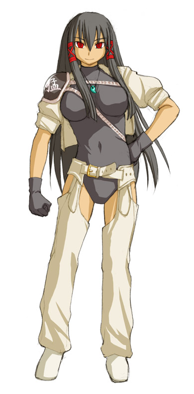 gen (susono01), kasuga yukihito, tatsumiya mana, mahou sensei negima!, 00s, 1girl, belt, black gloves, black hair, breasts, buckle, dark-skinned female, dark skin, female focus, gloves, hand on own hip, jewelry, large breasts, leotard, long hair, looking at viewer, necklace, pants, pendant, red eyes, shoes, simple background, smile, solo, standing, very long hair