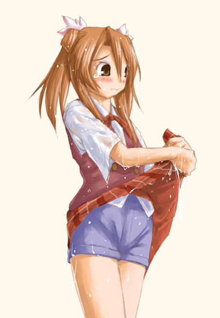 kasuga yukihito, sakura mei, mahou sensei negima!, 00s, plaid clothes, plaid skirt, shorts, skirt, solo, tears, wet