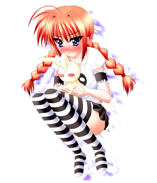 vita (nanoha), lyrical nanoha, mahou shoujo lyrical nanoha, mahou shoujo lyrical nanoha a's, 00s, 1girl, blue eyes, blush, braid, female focus, red hair, shirt, solo, striped clothes, striped thighhighs, stuffed animal, stuffed rabbit, stuffed toy, t-shirt, thighhighs, twin braids, twintails