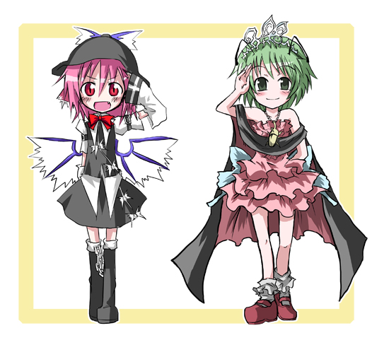 kuroneko no toorimichi, mystia lorelei, princess wriggle, wriggle nightbug, touhou, 2girls, alternate costume, antennae, cape, dress, fang, female focus, goth fashion, gothic lolita, gothtia, green eyes, green hair, hat, lolita fashion, multiple girls, pink hair, red eyes, salute, wings