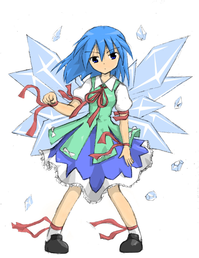 cirno, touhou, 1girl, alternate wings, blue dress, blue eyes, blue hair, dress, embellished costume, female focus, ice, matching hair/eyes, ribbon, shoes, short hair, socks, solo, standing, wings