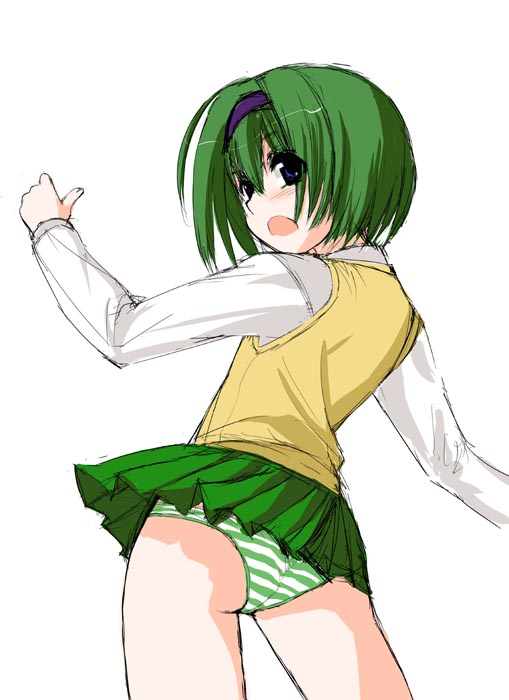 deden, yoshioka chie, to heart (series), to heart 2, 00s, 1girl, female focus, panties, school uniform, serafuku, sketch, solo, striped clothes, striped panties, sweater vest, underwear, vest
