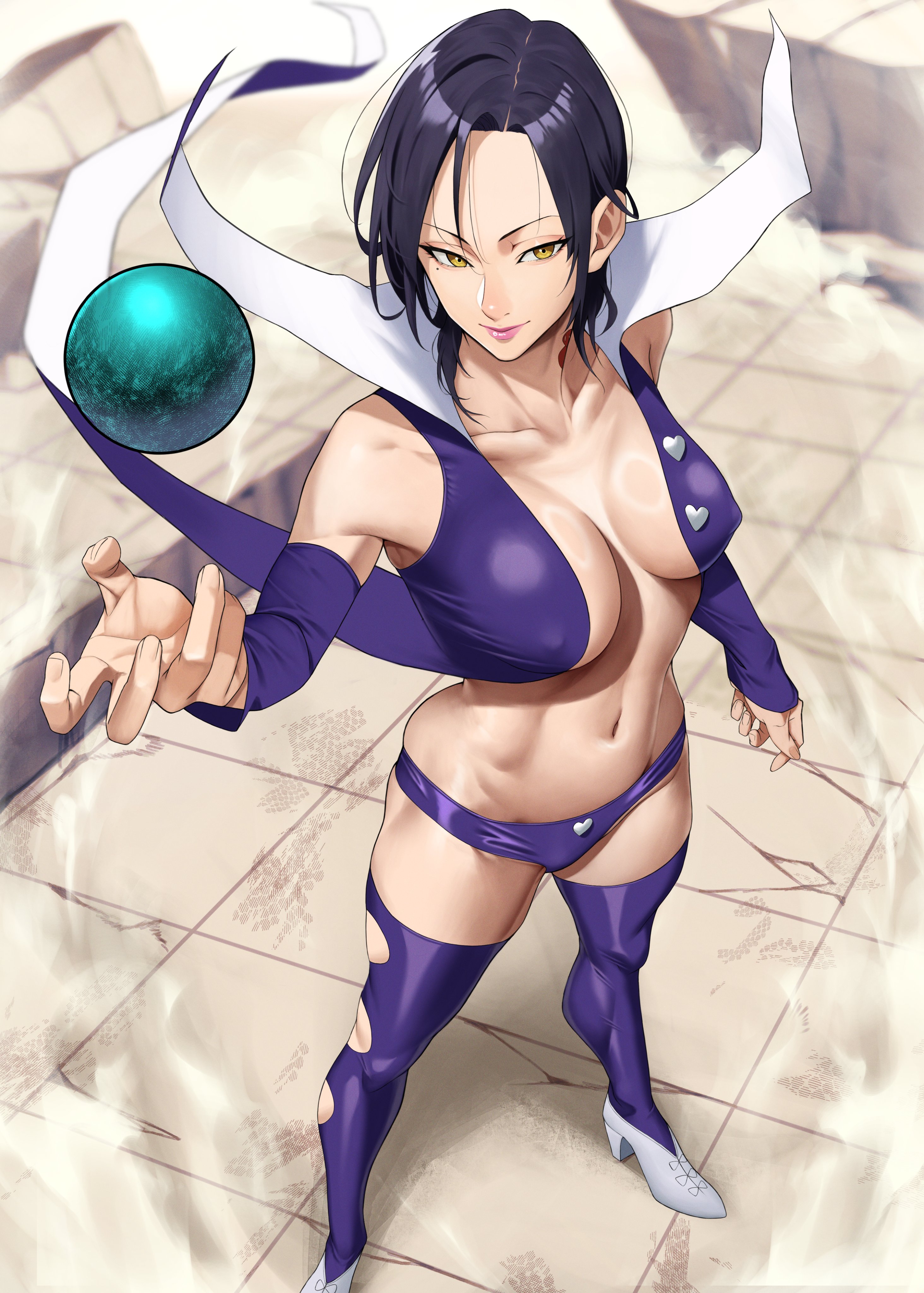 yoshio (55level), merlin (nanatsu no taizai), nanatsu no taizai, sae, highres, 1girl, arm behind back, ball, bare shoulders, boots, breasts, collarbone, energy, female focus, full body, fur trim, heart, high heels, jacket, large breasts, long sleeves, navel, open clothes, open jacket, panties, purple boots, purple jacket, purple panties, salz, samuru shigami, satsuya ogane, servants of pandoro, seven legendary b-ders, simple background, solo, standing, stomach, thigh boots, thighhighs, tycoon shou, underwear, yellow eyes