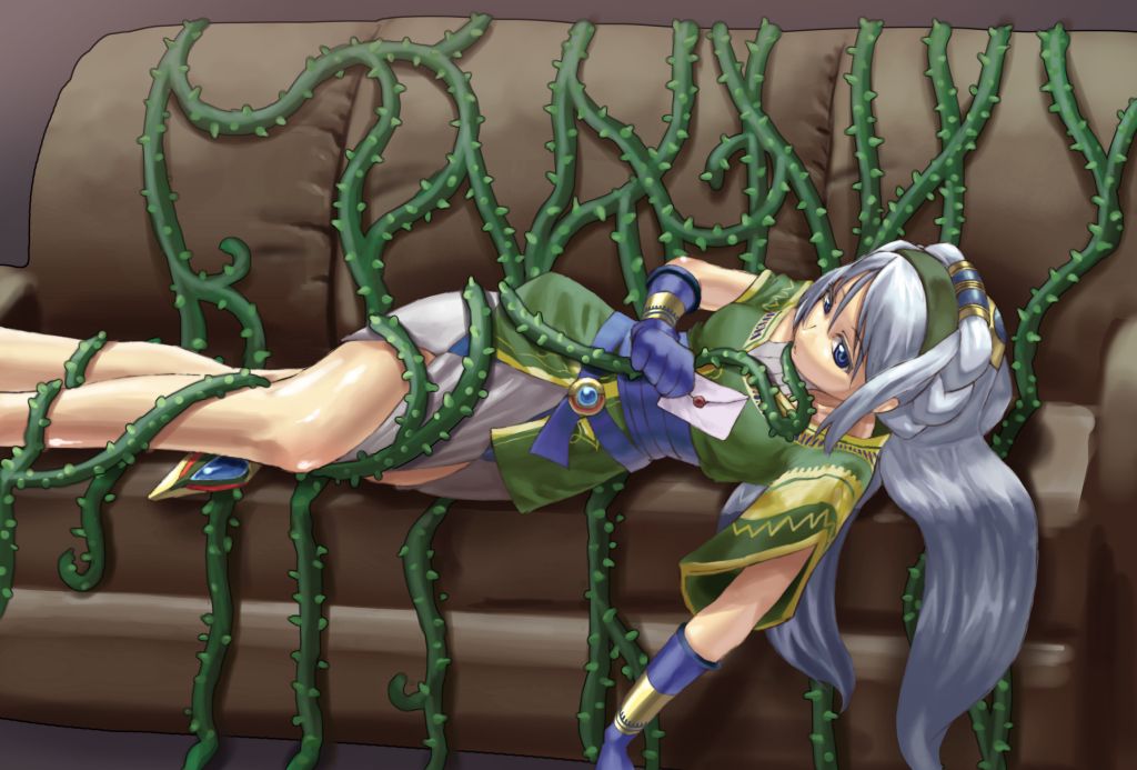 avril vent fleur, wild arms, wild arms 5, 1girl, blue eyes, couch, female focus, gloves, letter, plant, solo, tentacles, vines, white hair