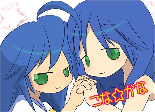 izumi kanata, izumi konata, lucky star, lowres, >:3, 00s, 2girls, :3, age difference, bare shoulders, blush, closed mouth, holding hands, interlocked fingers, mole, mole under eye, mother and daughter, multiple girls, simple background, smile, upper body, v-shaped eyebrows, white background
