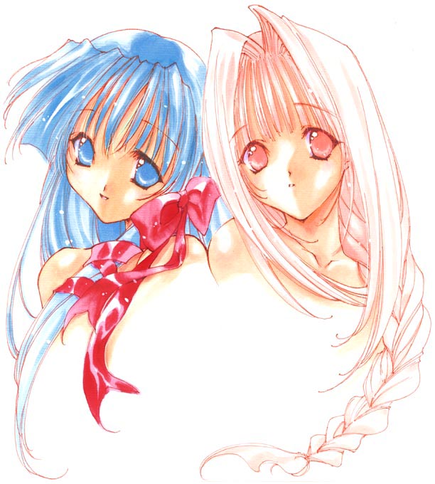 nanase aoi, ouse chinami, tachibana urara, seraphim call, official art, 1990s (style), 2girls, bare shoulders, blue eyes, blue hair, bow, braid, hair bow, hair intakes, hair ribbon, long hair, multiple girls, pink eyes, pink hair, retro artstyle, ribbon, tress ribbon, white background