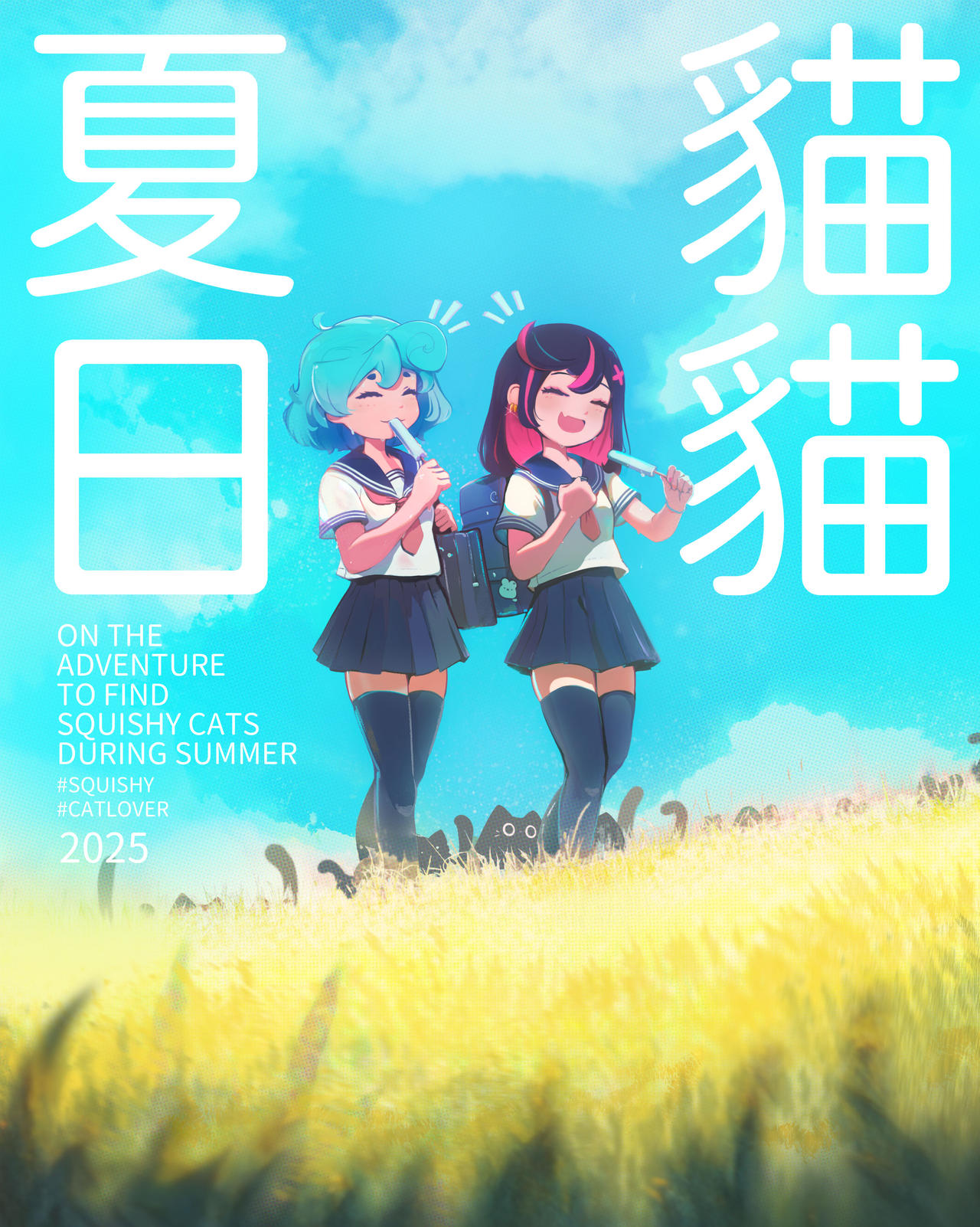 lamb goes baaaaa, original, commentary request, highres, mixed-language commentary, translation request, 2girls, ahoge, backpack, bag, black hair, blue hair, blue sailor collar, blue skirt, blue sky, blue thighhighs, blush, cat, closed eyes, cloud, collared shirt, day, earrings, eyelashes, fang, food, food in mouth, grass, handbag, holding, holding food, holding popsicle, jewelry, medium hair, mixed-language text, multicolored hair, multiple girls, necktie, notice lines, open mouth, outdoors, popsicle, popsicle in mouth, red hair, red necktie, sailor collar, school uniform, serafuku, shirt, short hair, short sleeves, skin fang, skirt, sky, sweat, thighhighs, two-tone hair, white shirt