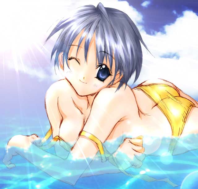 nanase aoi, kusunoki hatsumi, seraphim call, 1990s (style), 1girl, ass, bikini, bikini pull, clothes pull, cloud, day, female focus, one eye closed, outdoors, retro artstyle, solo, sun, swimsuit, untied bikini, water, wink, yellow bikini