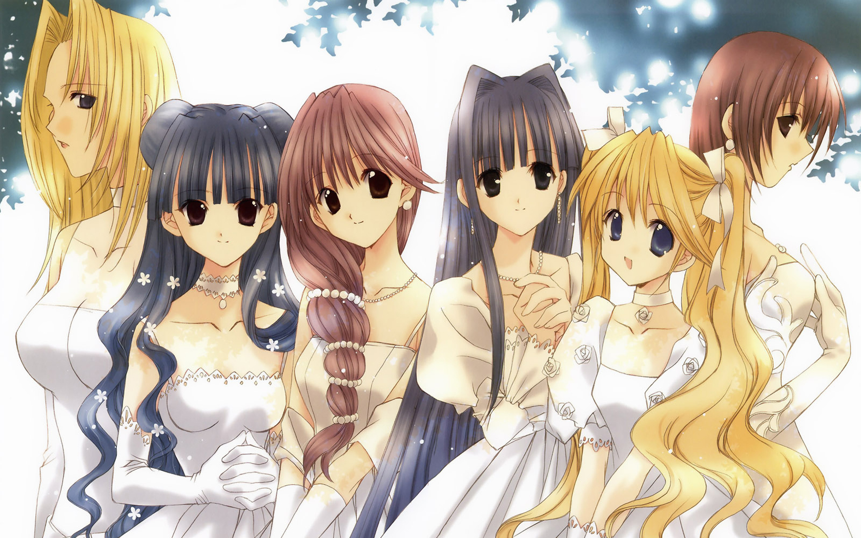 nanase aoi, angel dust, haga leia, haga musia, hatori yuina, kirashima marino, kudoh akiho, kudou akiho, seraph (angel dust), angel/dust, angel/dust neo, angel dust neo, angel flavor, eyebrows, artbook, highres, 6+girls, bare shoulders, black eyes, black hair, blonde hair, blue eyes, breasts, brown eyes, brown hair, choker, clenched hands, closed mouth, collarbone, double bun, dress, earrings, elbow gloves, flat chest, flower, gloves, hair bun, hair flower, hair intakes, hair ornament, hair ribbon, interlocked fingers, jewelry, long hair, looking at viewer, medium breasts, multiple girls, necklace, no pupils, outdoors, parted lips, pearl necklace, ponytail, purple eyes, ribbon, short hair, small breasts, smile, standing, twintails, two side up, upper body, very long hair, white dress