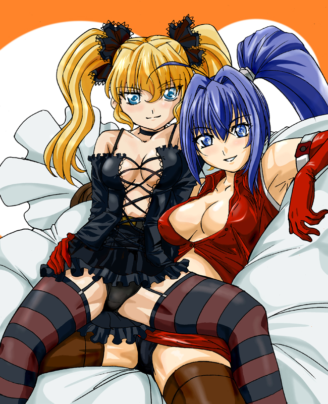 daikuuji ayu, hayase mitsuki, kimi ga nozomu eien, striped legwear, 00s, 2girls, ahoge, blonde hair, blue eyes, blue hair, daikuji ayu, elbow gloves, gloves, long hair, multiple girls, panties, ponytail, sitting, spread legs, striped clothes, striped thighhighs, thighhighs, underwear, yuri