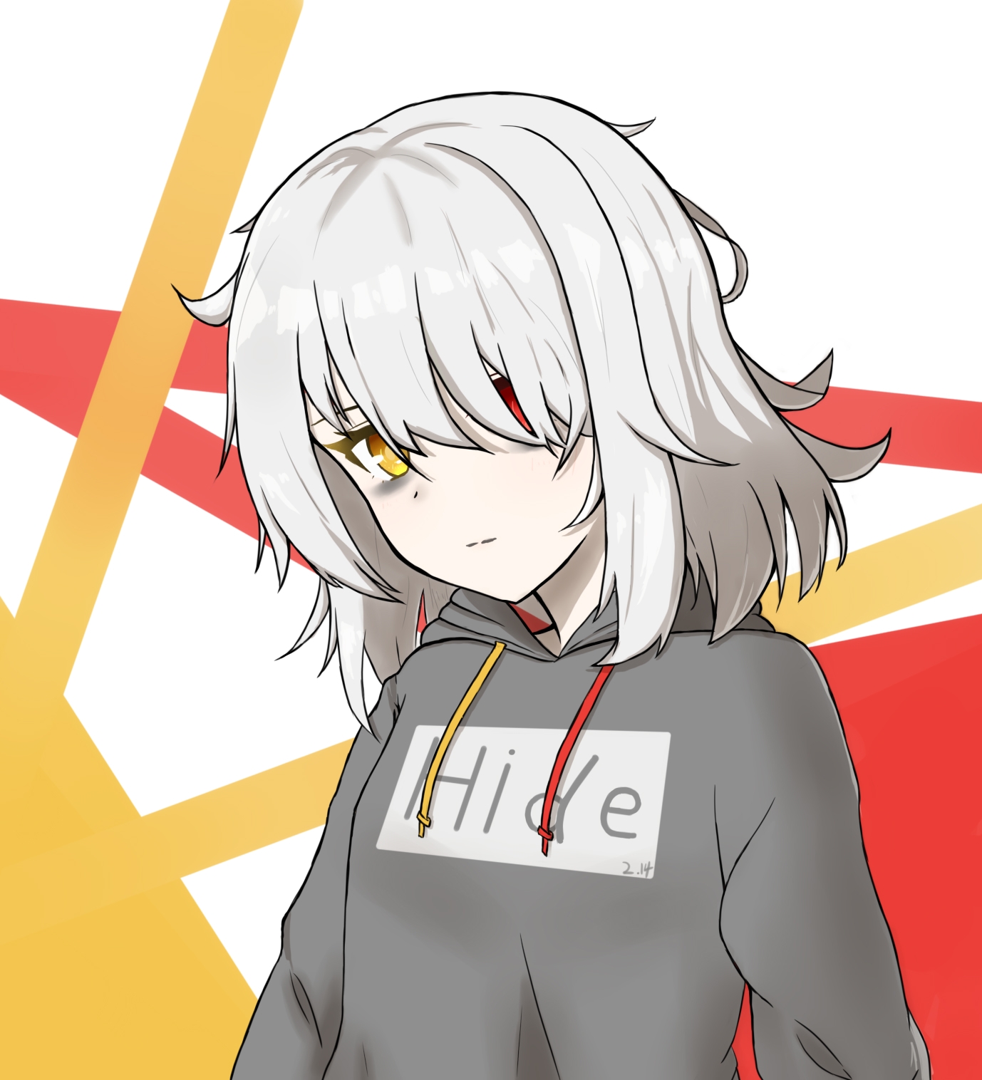 hide21find57, original, commentary request, highres, 1girl, bags under eyes, closed mouth, drawstring, grey hair, grey hoodie, hair over one eye, heterochromia, hood, hood down, hoodie, red eyes, single hair intake, solo, upper body, white background, yellow eyes