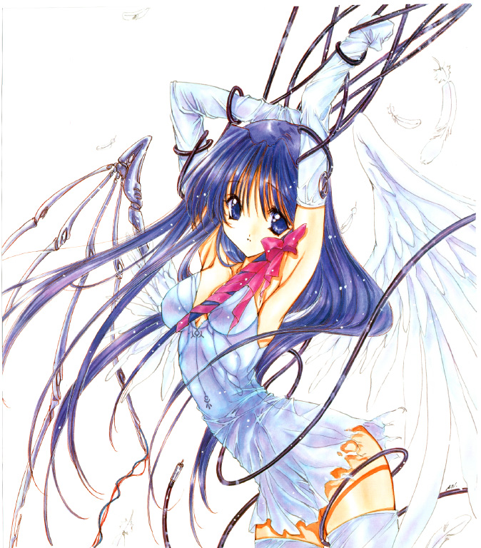 nanase aoi, tachibana urara, angel flavor, seraphim call, artbook, 1990s (style), 1girl, bow, cable, elbow gloves, female focus, gloves, hair bow, retro artstyle, solo, thighhighs, wings, zettai ryouiki