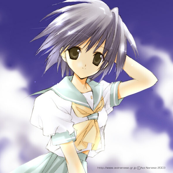 nanase aoi, original, 00s, 1girl, 2003, brown eyes, cloud, day, female focus, grey hair, school uniform, serafuku, short hair, sky, smile, solo, star (symbol)