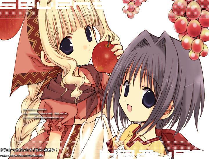 nanase aoi, kishou seireiki, seven colors of the wind, artbook, 2girls, apple, apron, bow, braid, food, fruit, grapes, hair bow, hair intakes, holding, holding food, holding fruit, multiple girls, shawl