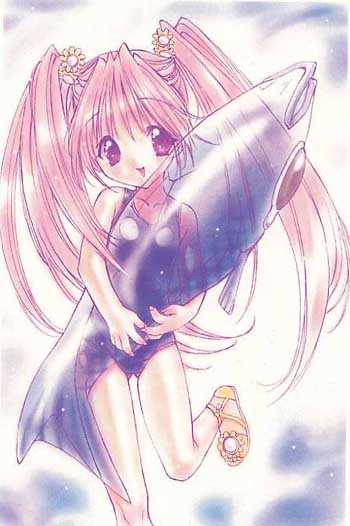 nanase aoi, black one-piece swimsuit, fish, one-piece swimsuit, pink hair, school swimsuit, solo, swimsuit, twintails