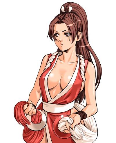 nakano tomokazu, shiranui mai, fatal fury, snk, the king of fighters, lowres, 1girl, breasts, brown eyes, brown hair, cleavage, female focus, large breasts, long hair, no bra, pelvic curtain, ponytail, rope, sideboob, solo, wristband